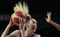 United States' Breanna Stewart (10) drives to the basket during women's basketball preliminary round game against France at the 2020 Summer Olympics, Monday, Aug. 2, 2021, in Saitama, Japan. (AP Photo/Eric Gay)