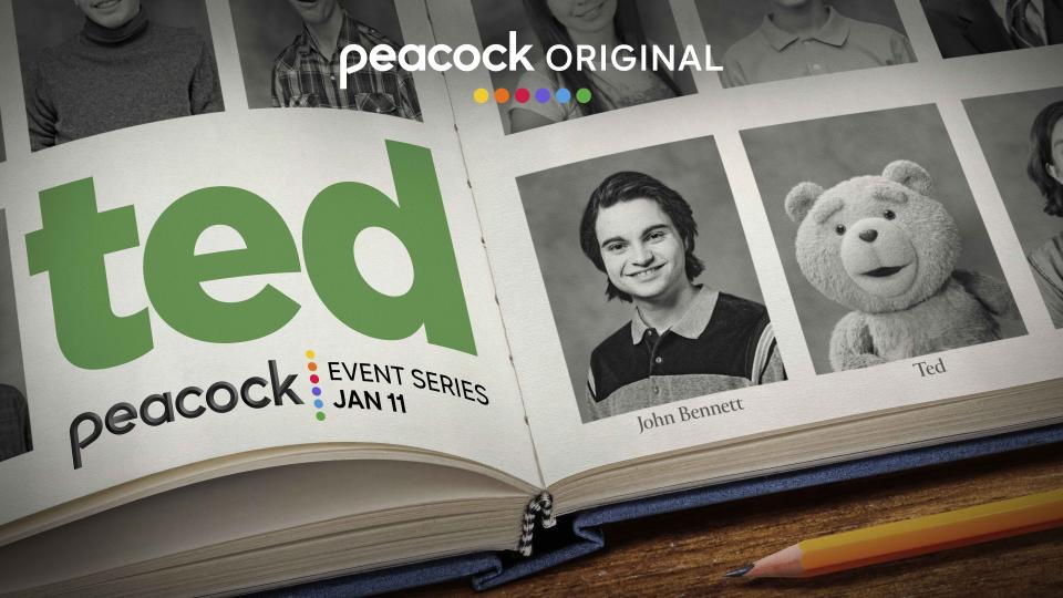 This image provided by Peacock shows promotional art for the series "TED" premiering Jan. 11 on Peacock. Seth MacFarlane revives his filthy teddy bear character with a Boston accent named Ted in a new series for Peacock. "Ted" the show, is a prequel to the films starring Mark Wahlberg with Max Burkholder ("Parenthood") as a teenage John Bennett in high school, with his best friend Ted by his side. (Peacock via AP)