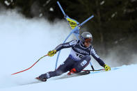 Norway's Aleksander Aamodt Kilde speeds down the course during the super G portion of an alpine ski, men's World Championship combined race, in Courchevel, France, Tuesday, Feb. 7, 2023. (AP Photo/Marco Trovati)