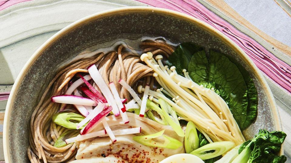 bok choy, radish, and chicken soba in dashi broth