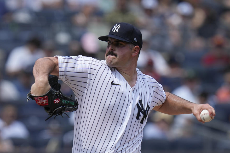 New York Yankees' Carlos Rodon throws during the third inning of a baseball game against the Houston Astros at Yankee Stadium, Sunday, Aug. 6, 2023, in New York. (AP Photo/Seth Wenig)