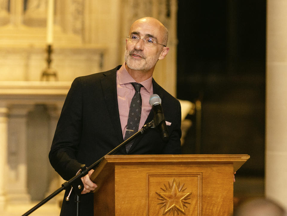 Author Arthur C. Brooks speaks at the Washington National Cathedral in Washington, D.C., on Nov. 2, 2021. Brooks is a happiness social researcher and author of the book, “From Strength to Strength,” about finding success, happiness and deep purpose in the second half of life. (Ann-Marie VanTassell via AP)