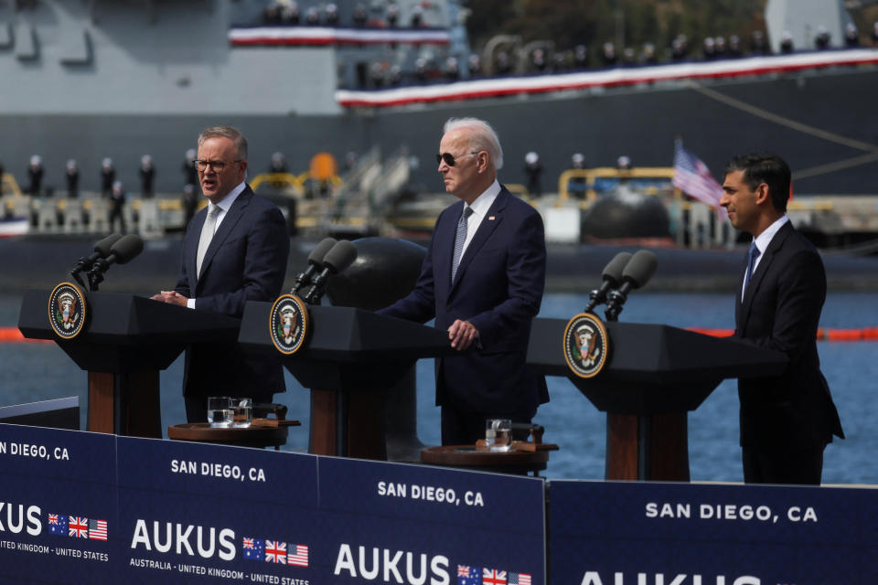 Anthony Albanese alongside Joe Biden and British Prime Minister Rishi Sunak at the historic press conference. 
