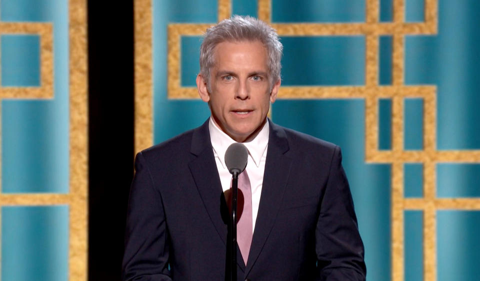 UNSPECIFIED: 78th Annual GOLDEN GLOBE AWARDS -- Pictured in this screengrab released on February 28, (l-r) Ben Stiller speaks onstage at the 78th Annual Golden Globe Awards broadcast on February 28, 2021. --  (Photo by NBC/NBCU Photo Bank via Getty Images)