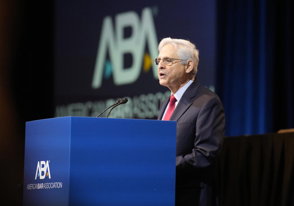 U.S. Attorney General Merrick Garland makes a point as he speaks to members of the house of delegates of the American Bar Association at the group's annual meeting Monday, Aug. 7, 2023, in Denver. (AP Photo/David Zalubowski)