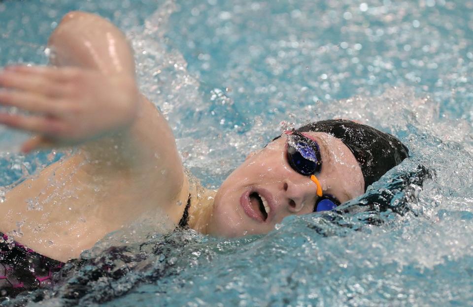 Marlington's Caitlin Cox competes in the girls 200 yard freestyle during the Division II State Swimming Championship at CT Branin Natatorium, Friday, Feb. 25, 2022, in Canton, Ohio. [Jeff Lange/Beacon Journal]