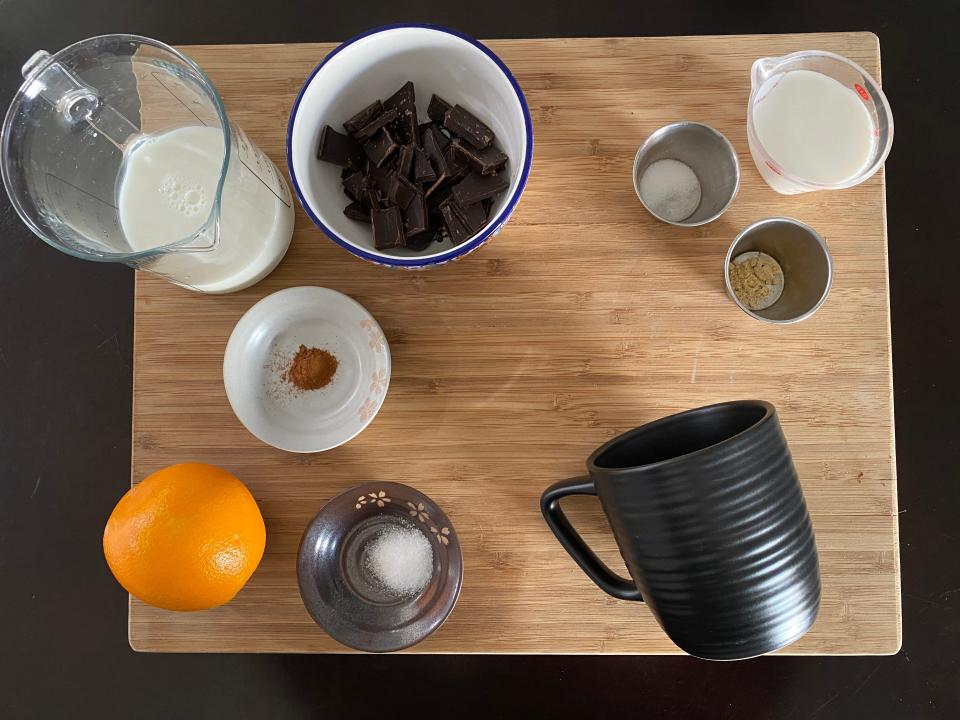 Carla Hall hot chocolate ingredients on cutting board