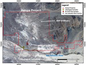 Satellite image showing the location of discarded drill chip sampling (red circles) and surface lithological sampling (yellow squares) conducted by Montero.