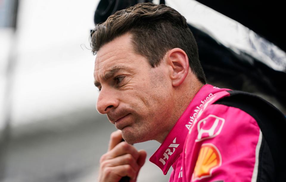 Meyer Shank Racing driver Simon Pagenaud (60) talks to an engineer during opening day Indianapolis 500 practice  Tuesday, May 16, 2023, at Indianapolis Motor Speedway. 