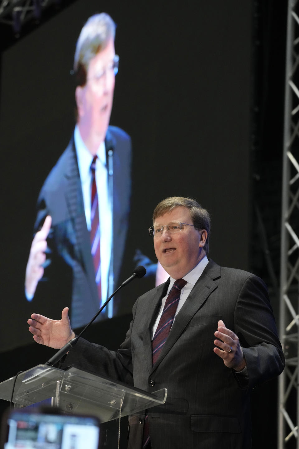 Mississippi Gov. Tate Reeves, who is running for reelection, addresses a group of business leaders at the 2023 Hobnob, a business forum sponsored by the Mississippi Economic Council, in Jackson, Miss., Thursday, Oct. 26, 2023. (AP Photo/Rogelio V. Solis)