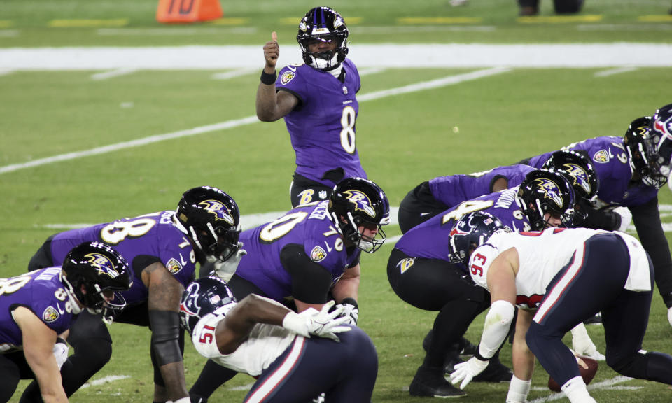 Baltimore Ravens quarterback Lamar Jackson (8) pictured during an NFL divisional round playoff football game against the Houston Texans on Saturday, Jan. 20, 2024, in Baltimore. (AP Photo/Daniel Kucin Jr.)