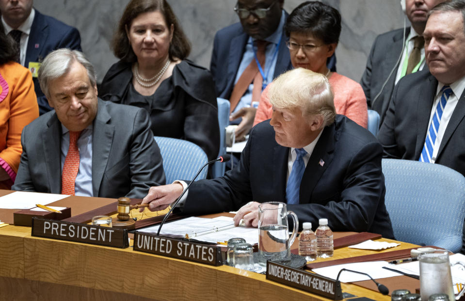 President Donald Trump pounds a gavel before addressing the United Nations Security Council during the 73rd session of the United Nations General Assembly, at U.N. headquarters, Wednesday, Sept. 26, 2018. (AP Photo/Craig Ruttle)