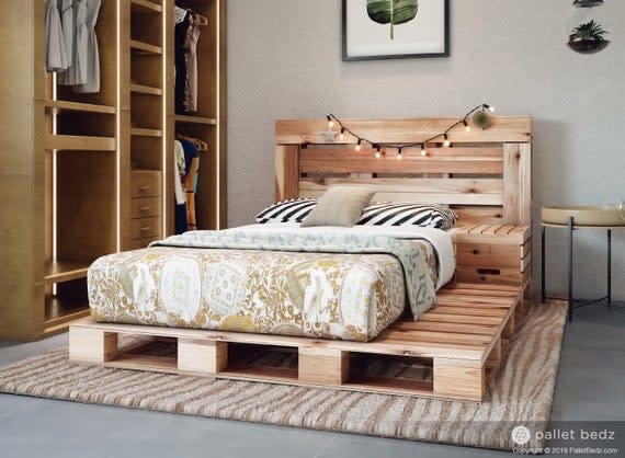 <p><strong>palletbeds</strong></p><p>etsy.com</p><p><strong>$999.00</strong></p><p><a href="https://go.redirectingat.com?id=74968X1596630&url=https%3A%2F%2Fwww.etsy.com%2Flisting%2F615671285%2Fpallet-bed-the-twin-size-includes&sref=https%3A%2F%2Fwww.countryliving.com%2Fdiy-crafts%2Fg31118532%2Fpallet-bed%2F" rel="nofollow noopener" target="_blank" data-ylk="slk:Shop Now;elm:context_link;itc:0;sec:content-canvas" class="link ">Shop Now</a></p><p>This weathered pallet bed is a particular fave thanks to the built-in nightstand and warm stain. But if you’re not a fan of the shade, it’s also available in four other washes.</p>