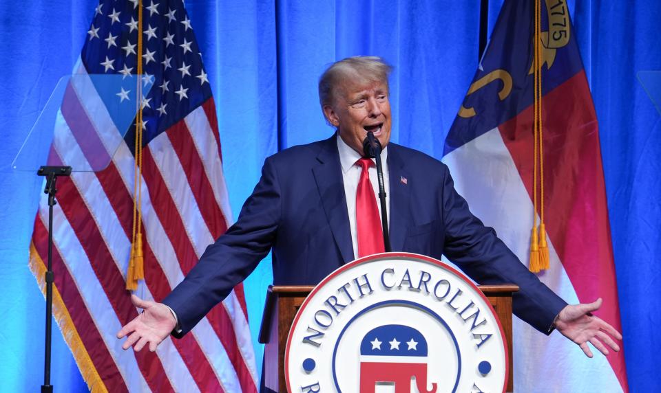 Donald Trump speaks during the North Carolina Republican Party Convention at Koury Convention Center on Saturday, June 10, 2023. North Carolina could prove pivotal in the 2024 presidential race between Trump and President Joe Biden.