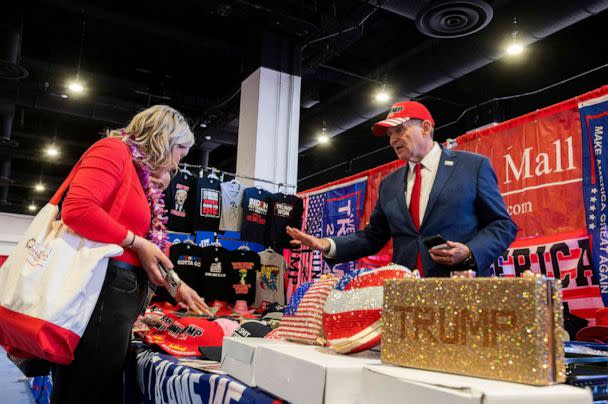 PHOTO: Political souvenirs are sold during the 2023 Conservative Political Action Coalition (CPAC) Conference in National Harbor, Maryland, on March 4, 2023. (Roberto Schmidt/AFP via Getty Images)