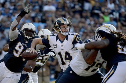 SAN DIEGO, CA- NOVEMBER 23: Quarterback Shaun Hill #14 of the St. Louis Rams has the ball knocked out of his hand by Corey Liuget #94 of the San Diego Chargers which resulted in a fumble and touchdown during their NFL Game on November 23, 2014 in San Diego, California. (Photo by Donald Miralle/Getty Images)