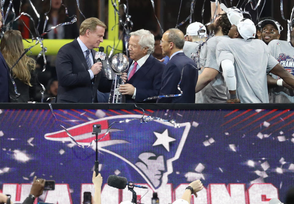 Feb 3, 2019; Atlanta, GA, USA; New England Patriots owner Robert Kraft (middle) accepts the Vince Lombardi trophy from NFL commissioner Roger Goodell (left) after defeating the Los Angeles Rams in Super Bowl LIII at Mercedes-Benz Stadium. Mandatory Credit: Jason Getz-USA TODAY Sports