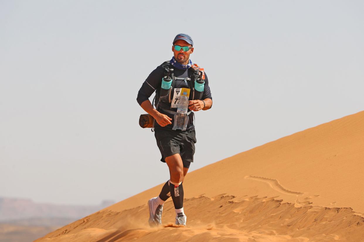 Sahara Desert, Morocco, 5th October 2021; Kourci Dial Zaid to Jebel El Mraier ; Spencer Matthews (gbr) Marathon des Sables, stage 3 of  a six-day, 251 km ultramarathon, which is approximately the distance of six regular marathons. The longest single stage is 91 km long. This multiday race is held every year in southern Morocco, in the Sahara Desert.