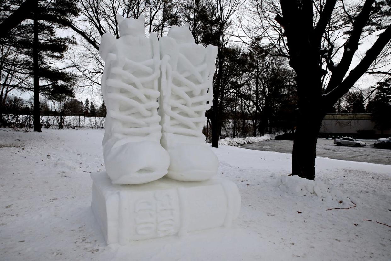 The snow sculpture "Old Soles" by the Windy City Snowmen is seen here during the 36th annual Illinois Snow Sculpting Competition on Jan. 29, 2022, in Sinnissippi Park in Rockford.