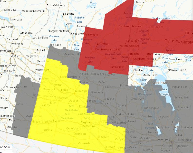 Environment and Climate Change Canada has issued a winter storm watch for areas in yellow, as of Friday morning. A special weather statement is in effect for areas in grey and a snowfall warning is in effect in parts of the north (in red). 