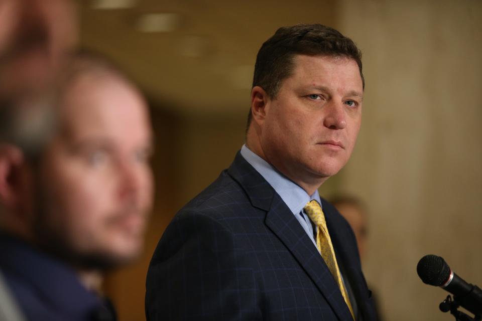 Sen. Jeff Brandes takes questions from reporters during a press conference held by the senator where he and the Veterans Cannabis Project came together to urge other legislators to oppose a cap on THC restrictions on medical marijuana and to address other veterans' health care needs at the Capitol Tuesday, Feb. 25, 2020. 