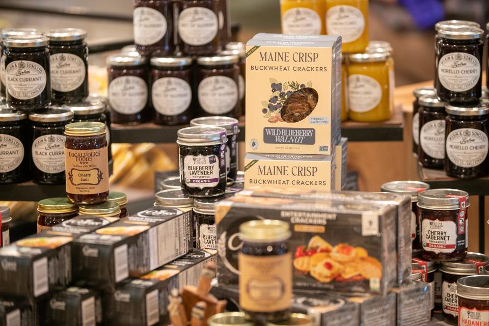 Jams and jellies on display at Haymarket on River Rd.  Haymarket is a "farm-to-table" marketplace with grocery offerings, grab-and-go food options and outdoor merchandising area opening June 14. The store also has a drive-thru that sells coffee and food, which is open.