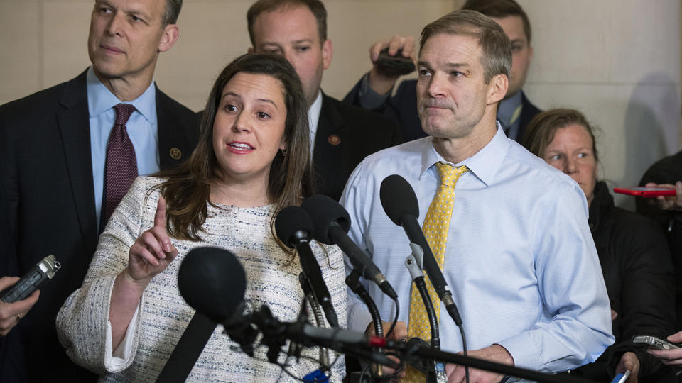 Rep. Elise Stefanik, R-N.Y., front left, Rep. Jim Jordan, R-Ohio, right, and other Republican members of the House Intelligence Committee, speak to members of the media as they conclude the testimony of U.S. Ambassador to the European Union Gordon Sondland, during a public impeachment hearing of President Donald Trump's efforts to tie U.S. aid for Ukraine to investigations of his political opponents on Capitol Hill in Washington, Wednesday, Nov. 20, 2019. (Photo: Manuel Balce Ceneta/AP)