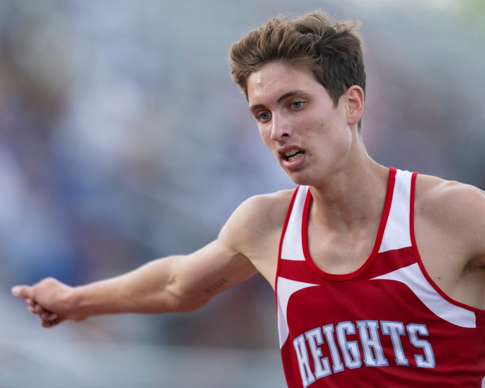 Shawnee Height’s Jackson Esquibel competes in the 1600 meter run during the Joe Schrag City Meet Friday, May 3, 2024, at Hummer Sports Park.