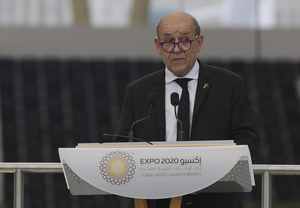 French Foreign Affairs Minister Jean-Yves Le Drian, talks during an official ceremony at Al Wasl Plaza of the Dubai Expo 2020 in Dubai, United Arab Emirates, Saturday, Oct. 2, 2021. (AP Photo/Kamran Jebreili)