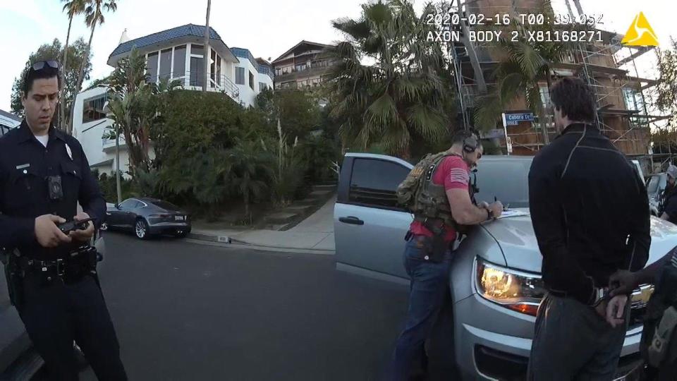 An LAPD officer's body camera captures the arrest of Gareth Pursehouse on Feb. 15, 2020. / Credit: Los Angeles County District Attorney's Office