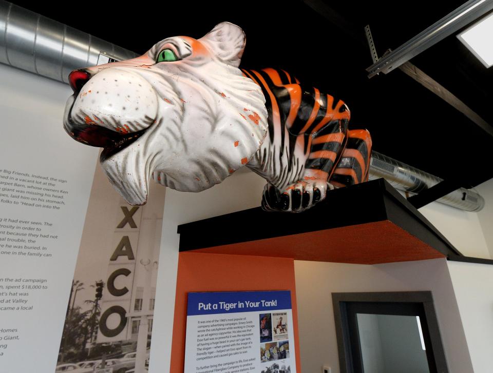 An Esso Oil Company tiger peers at visitors at the America Giants Museum in Atlanta, Illinois, just north of Springfield. Esso's marketing slogan was "Put a tiger in your tank." The museum's collection belongs to Joel Baker, who also restores the figures at a shop near Marion, Illinois.