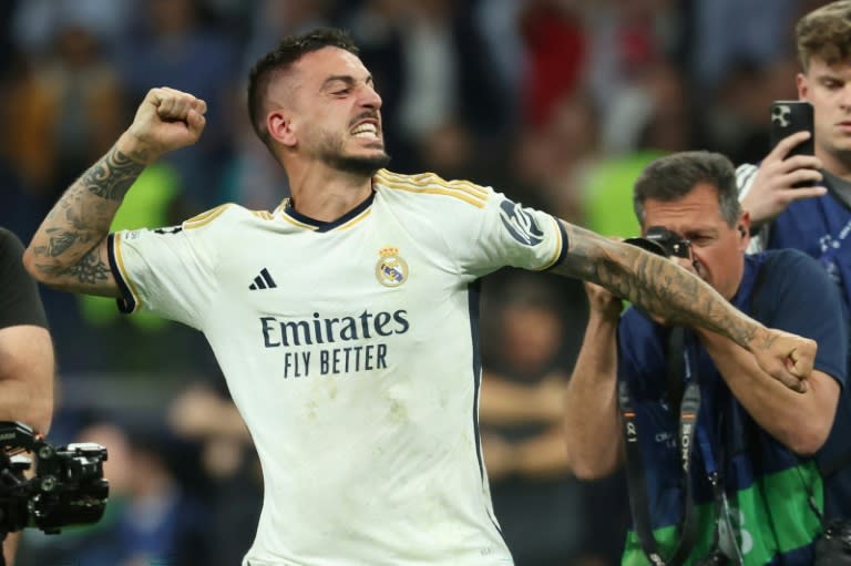 Late show: Joselu celebrates after his two late goals gave <a class="link " href="https://sports.yahoo.com/soccer/teams/real-madrid/" data-i13n="sec:content-canvas;subsec:anchor_text;elm:context_link" data-ylk="slk:Real Madrid;sec:content-canvas;subsec:anchor_text;elm:context_link;itc:0">Real Madrid</a> victory over <a class="link " href="https://sports.yahoo.com/soccer/teams/bayern-munich/" data-i13n="sec:content-canvas;subsec:anchor_text;elm:context_link" data-ylk="slk:Bayern Munich;sec:content-canvas;subsec:anchor_text;elm:context_link;itc:0">Bayern Munich</a> (Pierre-Philippe MARCOU)