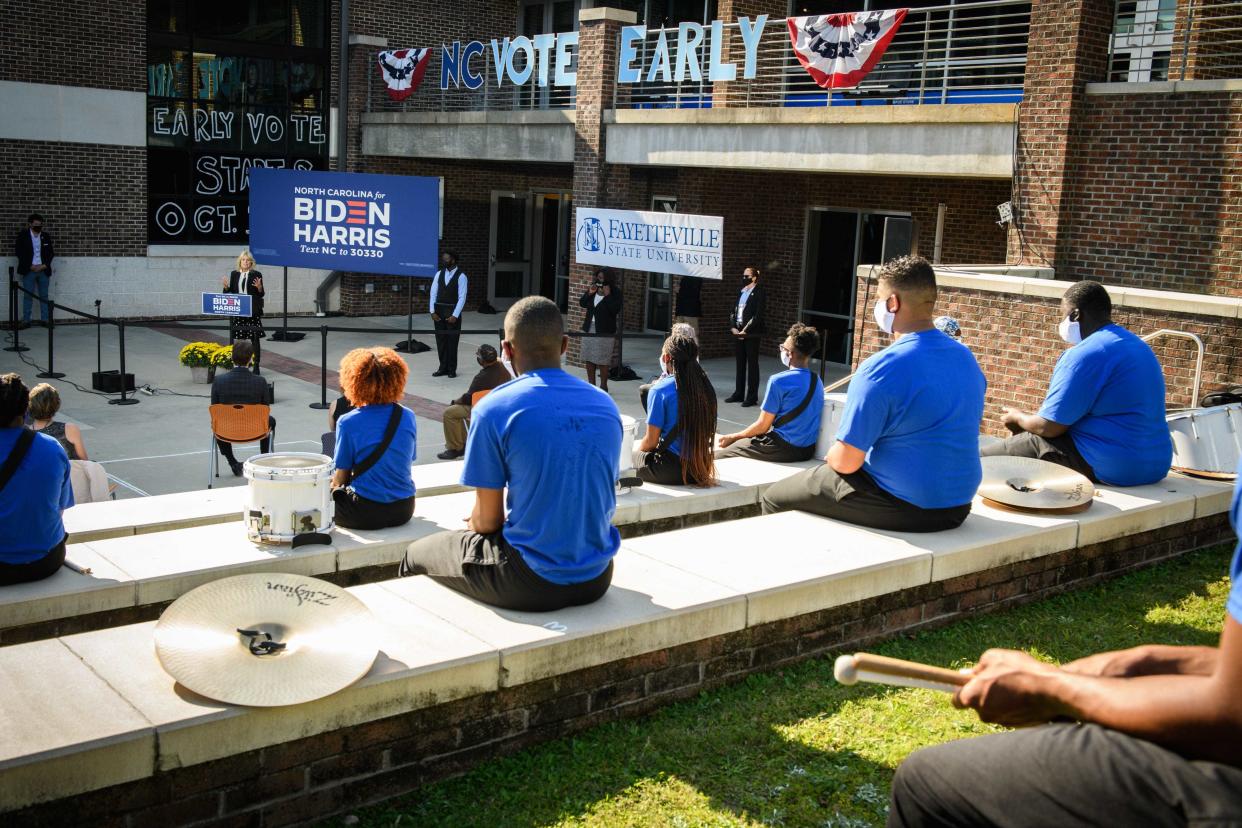 Jill Biden speaks at Fayetteville State University while campaigning for her husband, presidential candidate Joe Biden, in Fayetteville on Tuesday, Oct. 6, 2020. Ncfay 100720 News Jillbiden 23 (Photo by Andrew Craft/USA Today Network/Sipa USA)