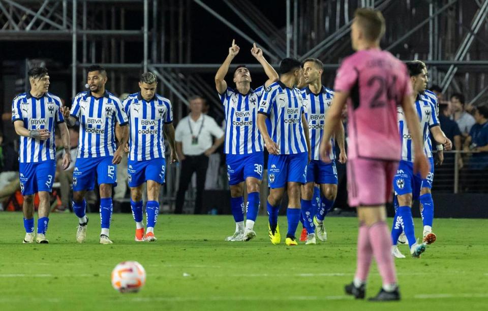 Monterrey midfielder Jorge Rodriguez (30) celebrates after scoring a goal against Inter Miami in the second half of their CONCACAF Champions Cup quarterfinal soccer match at Chase Stadium on Wednesday, April 3, 2024, in Fort Lauderdale, Fla.