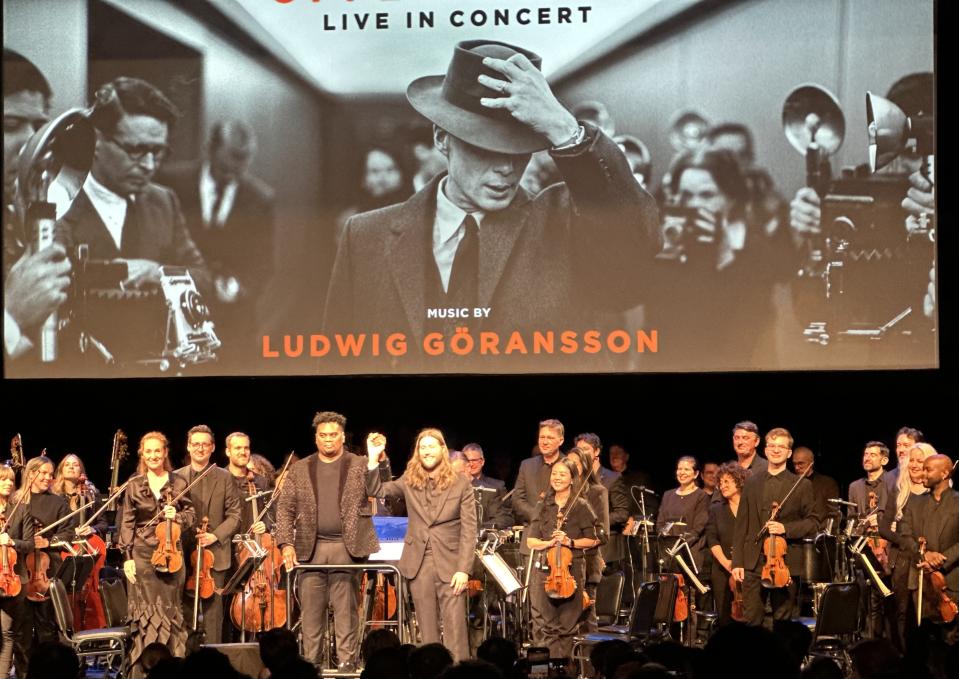 Conductor Anthony Parnther with Ludwig Göransson with the Los Angeles Film orchestra. (Baz Bamigboye/Deadline)