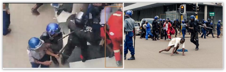 <span>Screenshots showing a man in red overalls in the misleading video (left) and in the AFP photograph from November 2019</span>