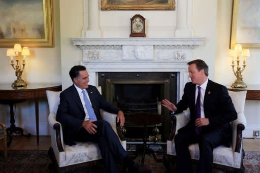 Britain's Prime Minister David Cameron (R) meets with United States Republican Presidential Nominee Mitt Romney at 10 Downing Street in London. Cameron insisted Thursday that Britain would deliver a memorable Olympics after Romney backtracked on barbed comments he made about the London Games