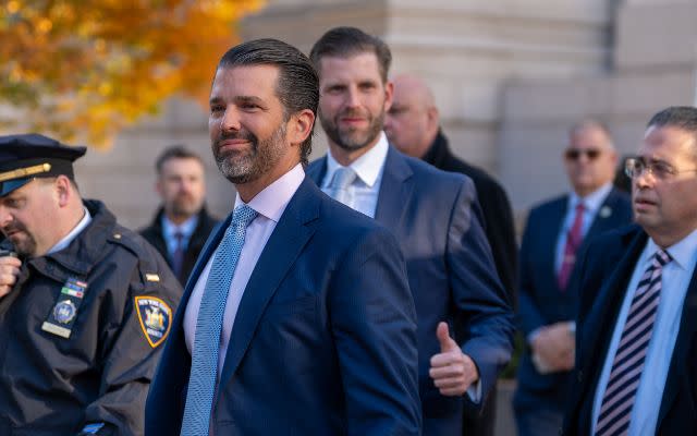 NEW YORK, NEW YORK – NOVEMBER 02: Donald Trump Jr. and his brother Eric Trump arrive at New York Supreme Court for former President Donald Trump’s civil fraud trial on November 02, 2023 in New York City. Trump’s children, Donald Jr., Eric and daughter Ivanka, are all expected to testify at their father’s trial in the coming days. The former president may be forced to sell off his properties after Justice Engoron canceled his business certificates and ruled that he committed fraud for years while building his real estate empire after being sued by Attorney General Letitia James, seeking $250 million in damages. The trial will determine how much he and his companies will be penalized for the fraud. (Photo by David Dee Delgado/Getty Images)