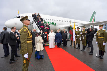 Lithuanian President Dalya Grybauskaite welcomes Pope Francis in Vilnius, Lithuania, September 22, 2018. Vatican Media/Handout via REUTERS