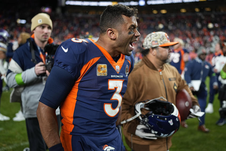 Denver Broncos quarterback Russell Wilson (3) celebrates after an NFL football game against the Minnesota Vikings, Sunday, Nov. 19, 2023, in Denver. The Broncos defeated the Vikings 21-20. (AP Photo/Jack Dempsey)