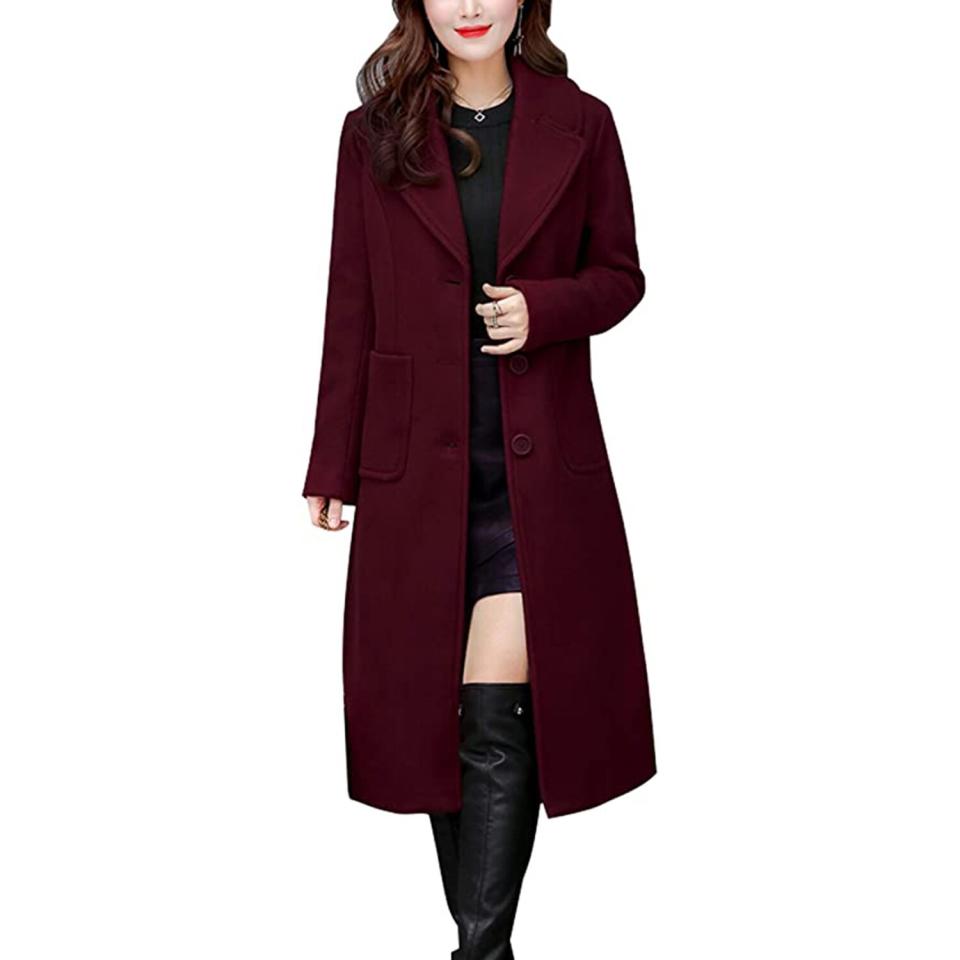 chouyatou Women's Big Notch Lapel Single Breasted Mid-Long Wool Blend Coat