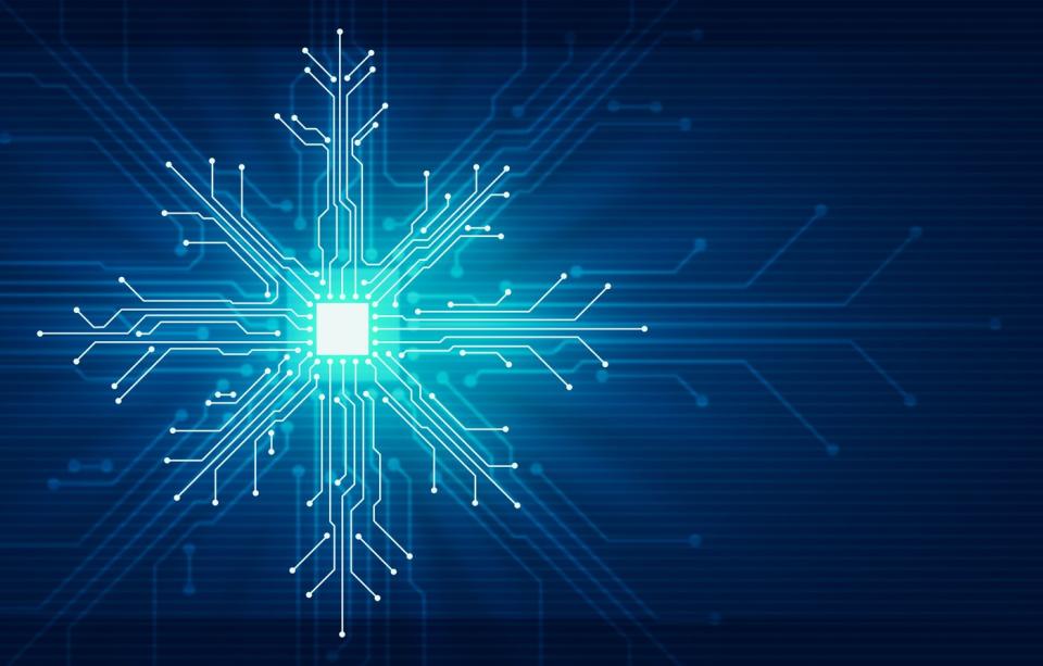 An electrical circuit shaped like a snowflake.