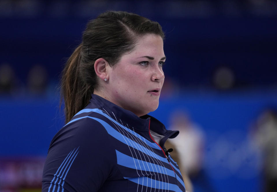 United States' Rebecca Hamilton, looks at her teammates, during the women's curling match against Denmark, at the 2022 Winter Olympics, Thursday, Feb. 10, 2022, in Beijing. (AP Photo/Nariman El-Mofty)