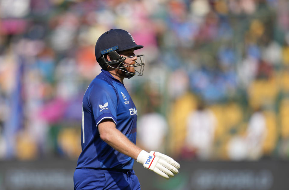 England's Jonathan Bairstow leaves the ground after losing his wicket during the ICC Men's Cricket World Cup match between England and Sri Lanka in Bengaluru, India, Thursday, Oct. 26, 2023. (AP Photo/Aijaz Rahi)