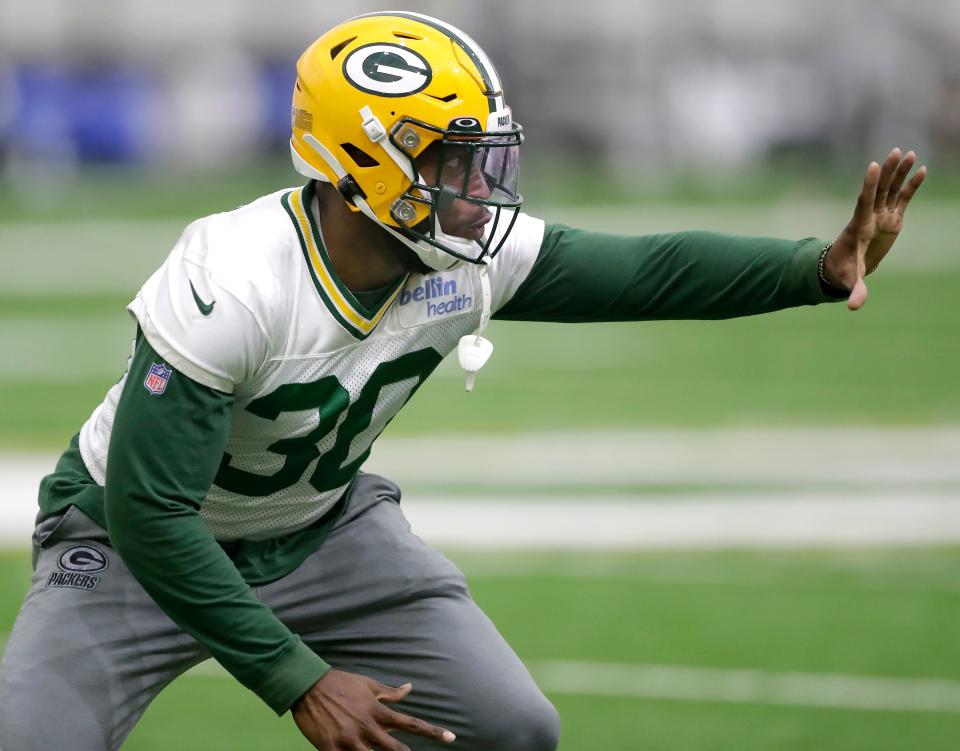 Running back Ellis Merriweather (30) during the 2023 Green Bay Packers’ rookie minicamp on Friday, May 5, 2023 at the Don Hutson Center indoor practice facility in Ashwaubenon, Wis. Wm. Glasheen USA TODAY NETWORK-Wisconsin