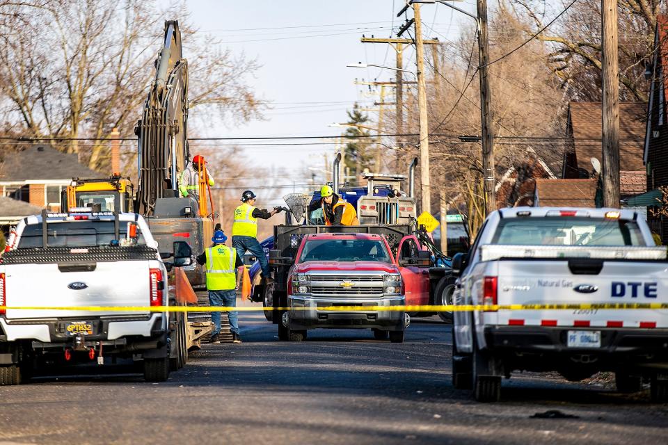 DTE Energy and emergency workers respond to a house explosion on the 18900 block of Barlow street in Detroit, where three children from a neighboring home were transported to the hospital on Tuesday, Feb. 27, 2024.
