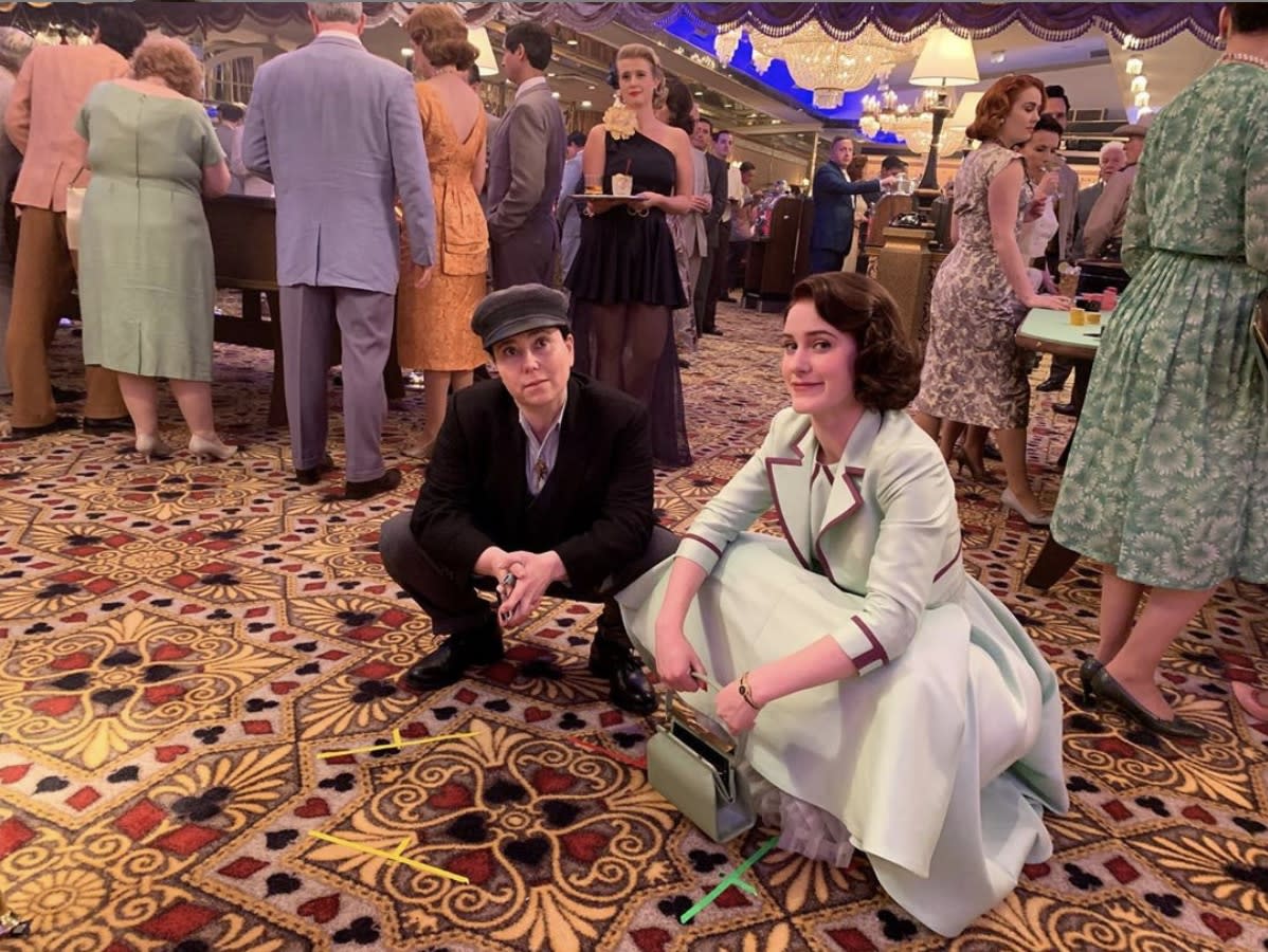 Rachel Brosnahan took to Instagram to share a behind-the-scenes look on set of "The Marvelous Mrs. Maisel" with co-star Alex Bornstein to celebrate the premiere of season three in one day on Dec. 5, 2019.