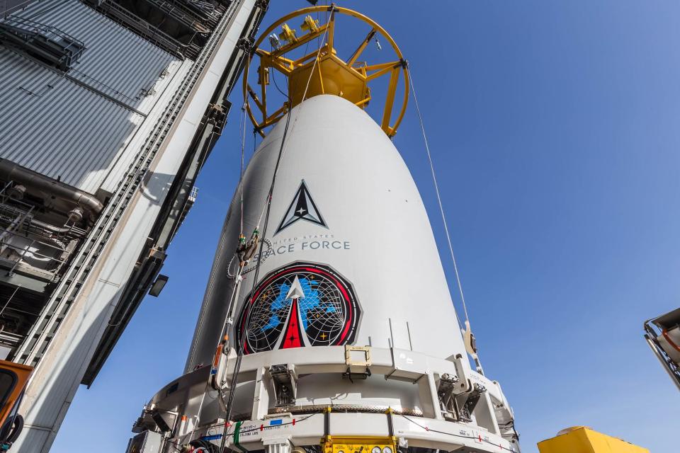 The United States Space Force (USSF)-12 mission payload is mounted atop its ride to space, the United Launch Alliance (ULA) Atlas V rocket, in preparation to launch for Space Systems Command.