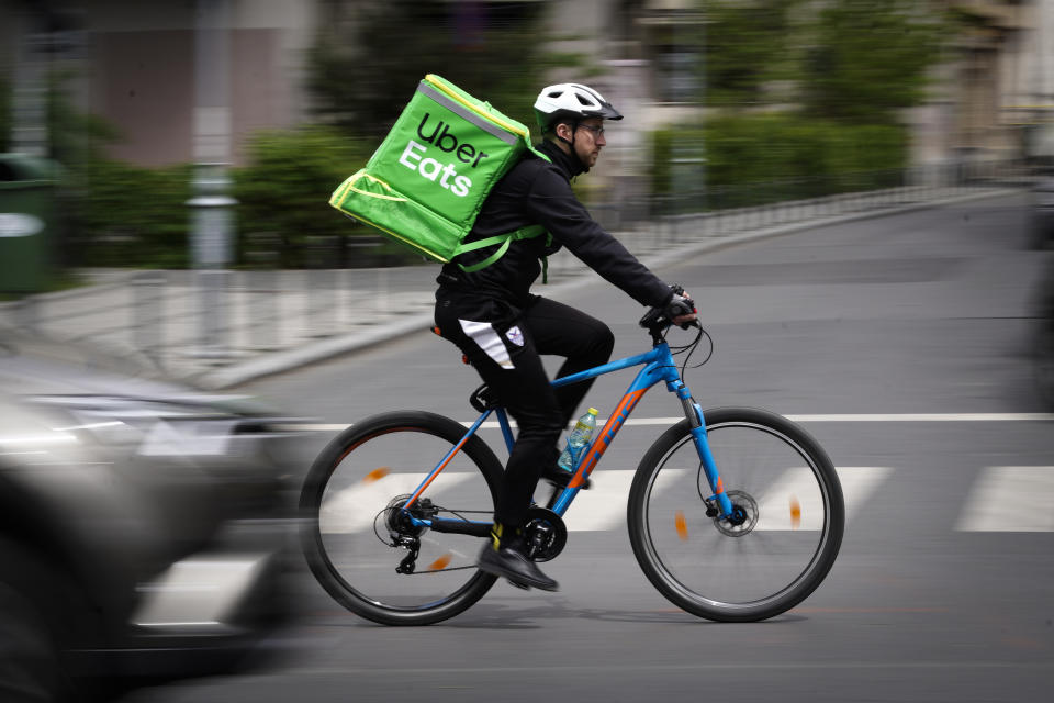 An Uber Eats courier is seen in Bucharest, Romania on May 1, 2019. (Photo by Jaap Arriens/NurPhoto via Getty Images)