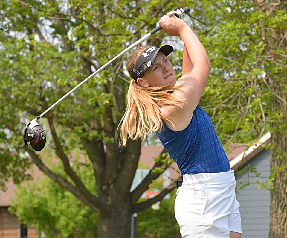 Aberdeen Central's Morgan Jones follows through on a tee shot during the Eastern South Dakota Conference girls golf tournament on Tuesday, May 23, 2023 at Cattail Crossing Golf Course in Watertown.